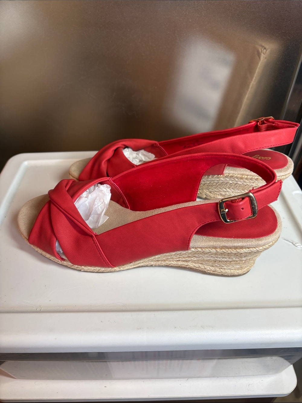 easy street Red Knotted Slingback Espadrille Wedges